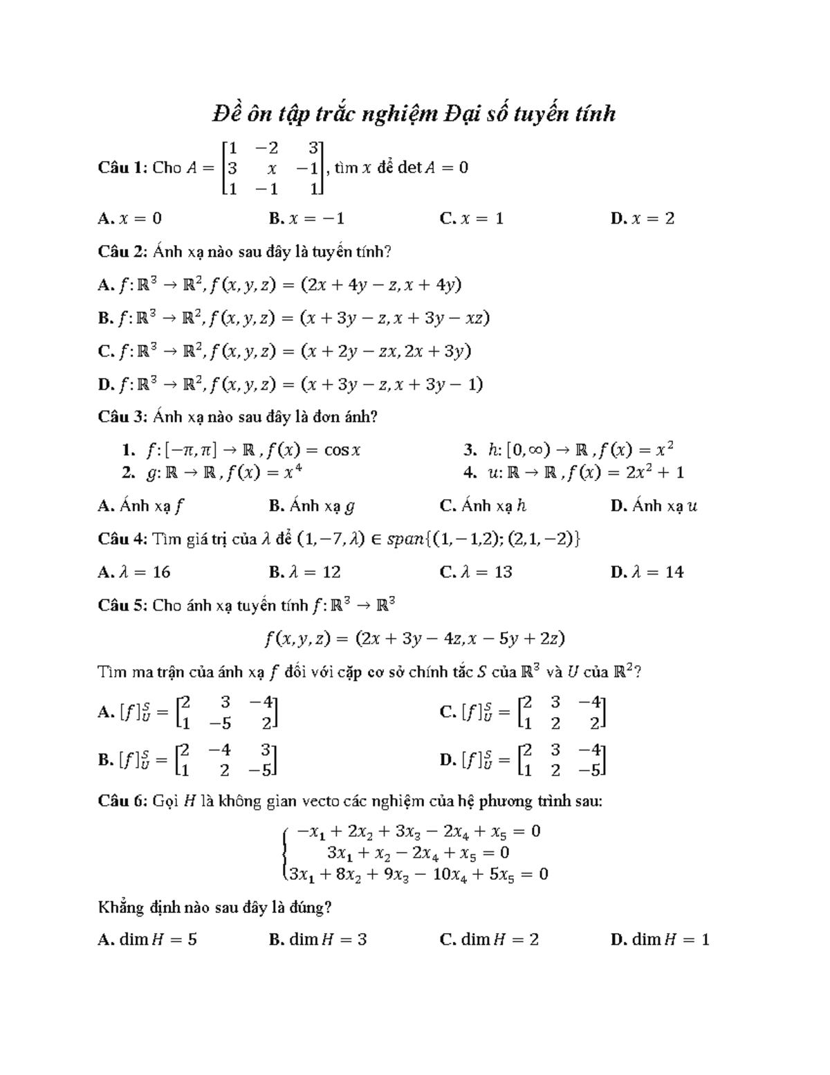 Đề ôn tập trắc nghiệm Đại số tuyến tính 1 - Document Preview
