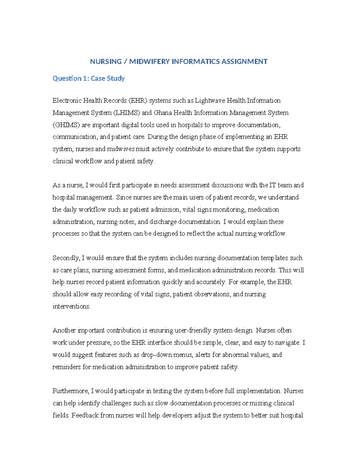NURSING 101: Midwifery Informatics Case Study on EHR Systems - Studocu