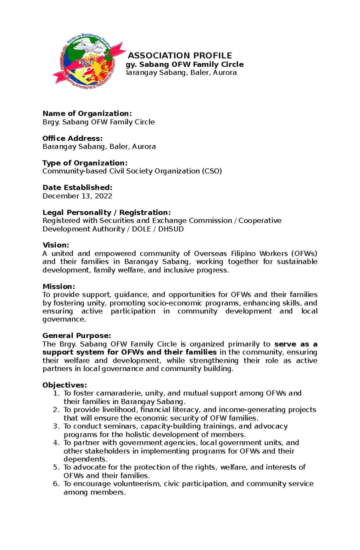 Brgy. Sabang OFW Family Circle Association Profile Document - Studocu