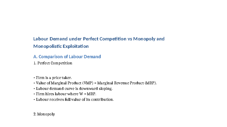 Monopoly vs Perfect Competition - Labour Demand under Perfect ...