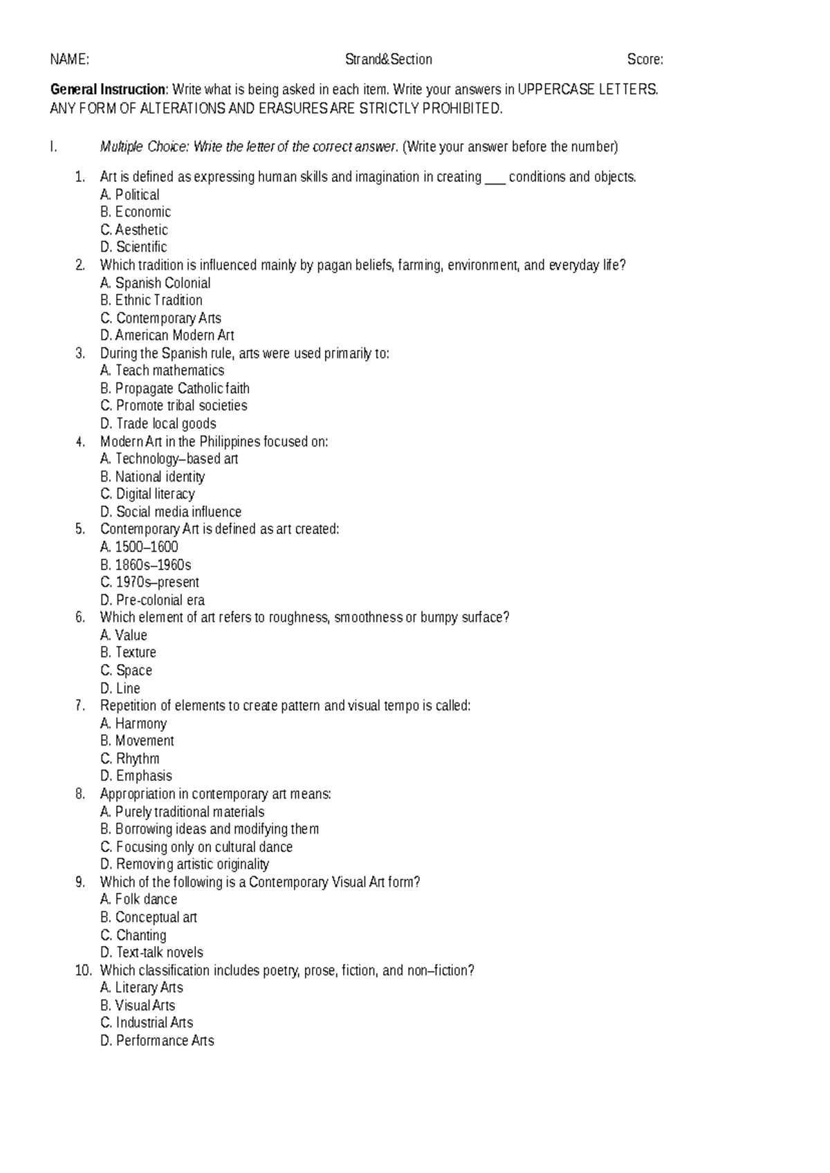 Quiz 1 - ART 101: Multiple Choice Questions on Art Concepts - Studocu