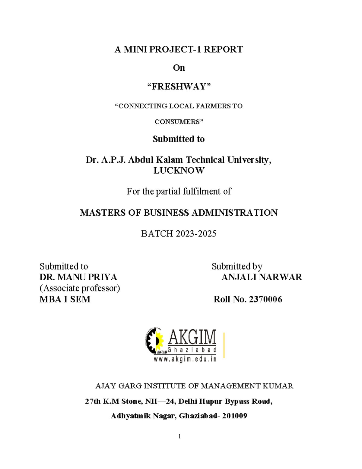 MBA Mini Project Report: FRESHWAY - Connecting Farmers & Consumers ...