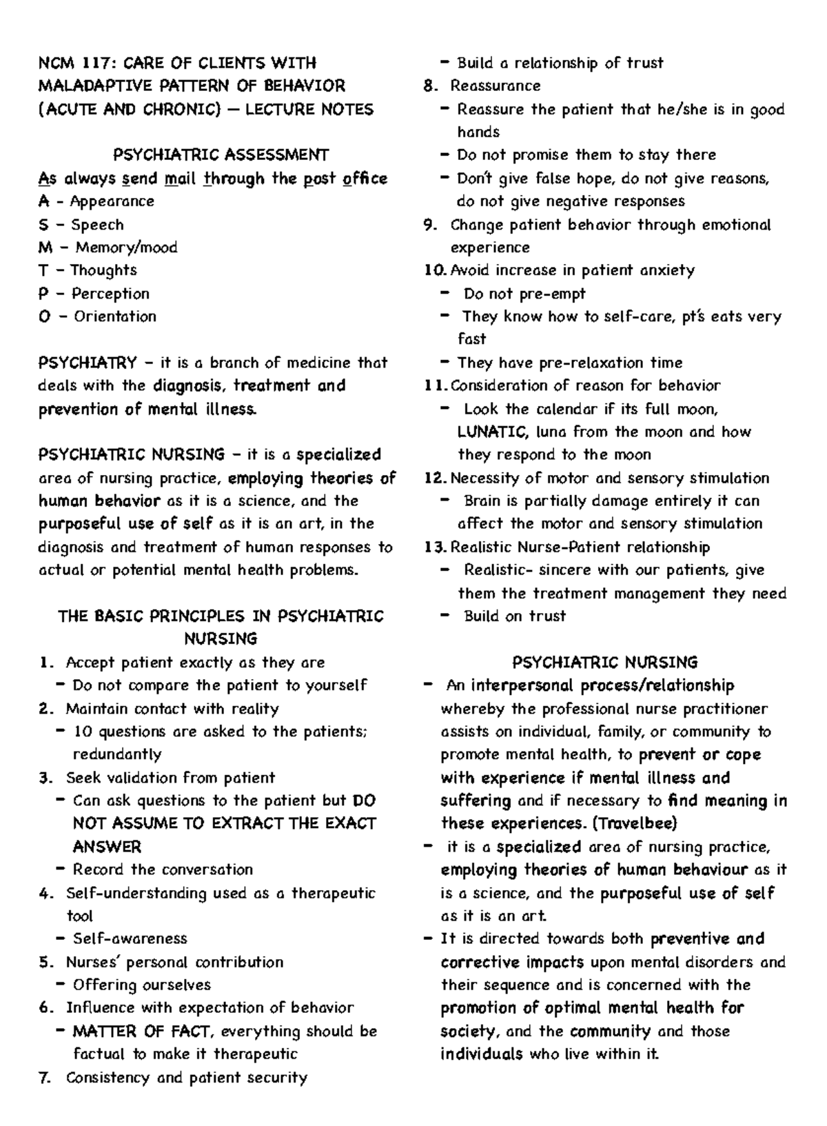 NCM 117: Lecture Notes on Psychiatric Assessment and Nursing Care - Studocu