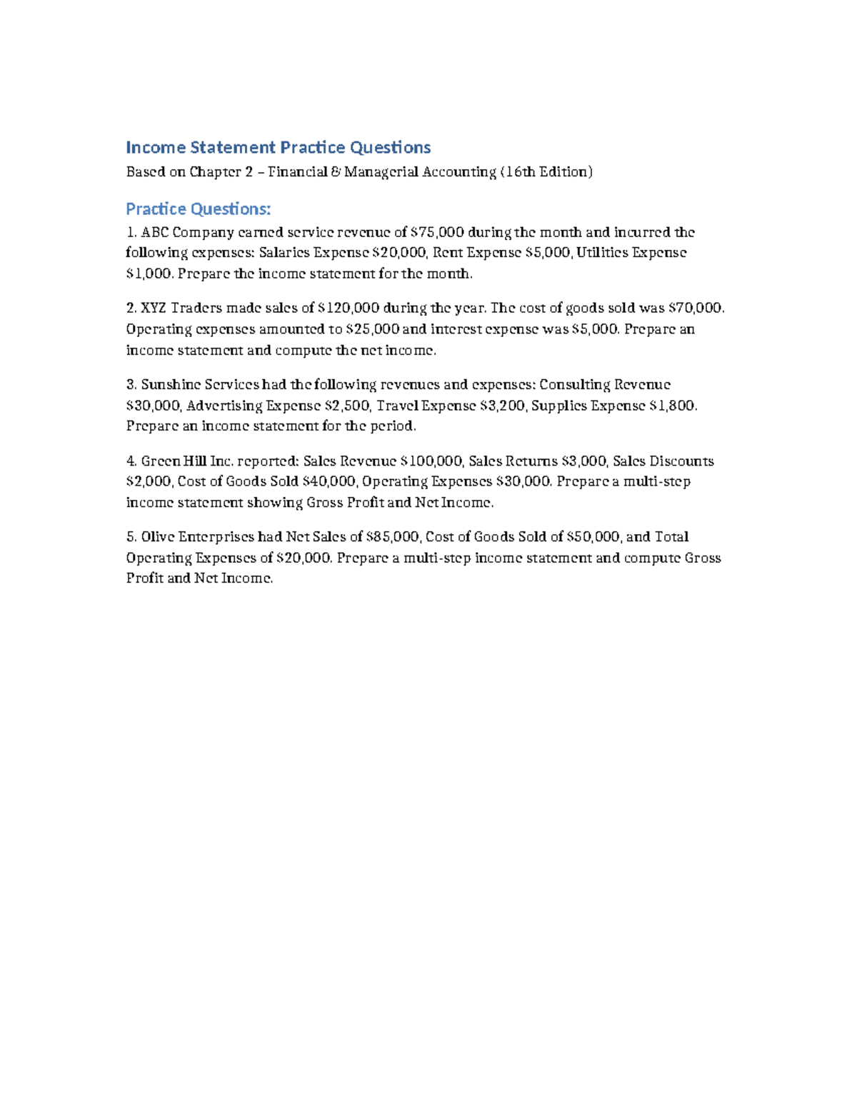 Income Statement Practice Questions for Financial Managerial Accounting ...
