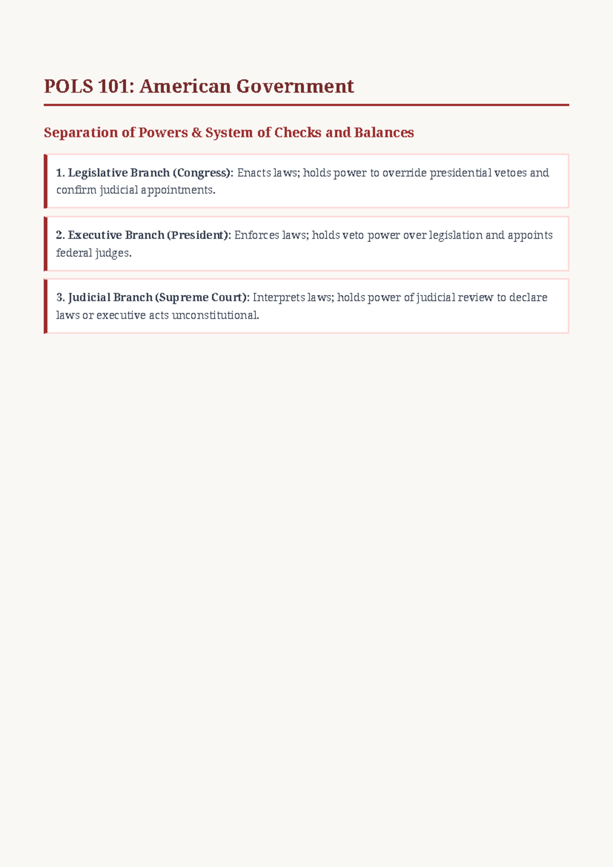Study files v26 POLS101 Separation of Powers Checks Balances - Bachelor ...