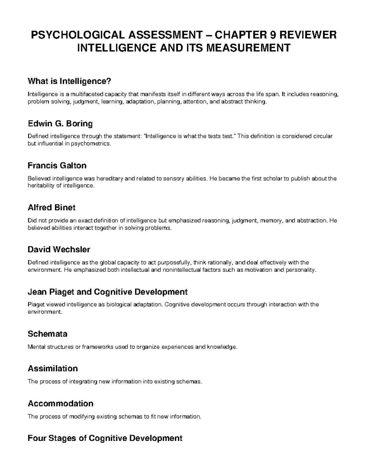 PSY 101 Chapter 9 Reviewer: Intelligence and Its Measurement - Studocu