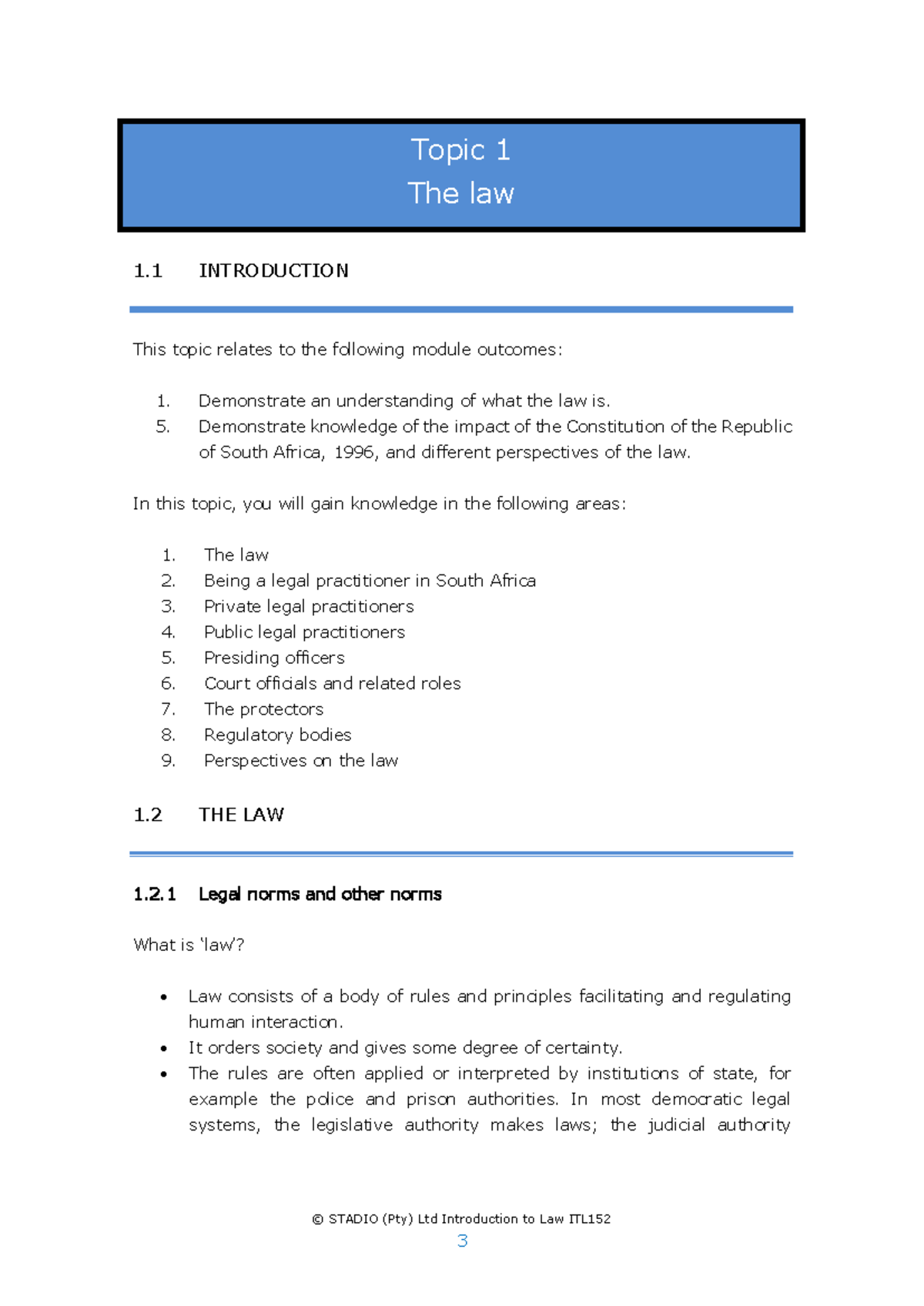 Introduction to Law ITL152 - Topic 1 Overview - Studocu