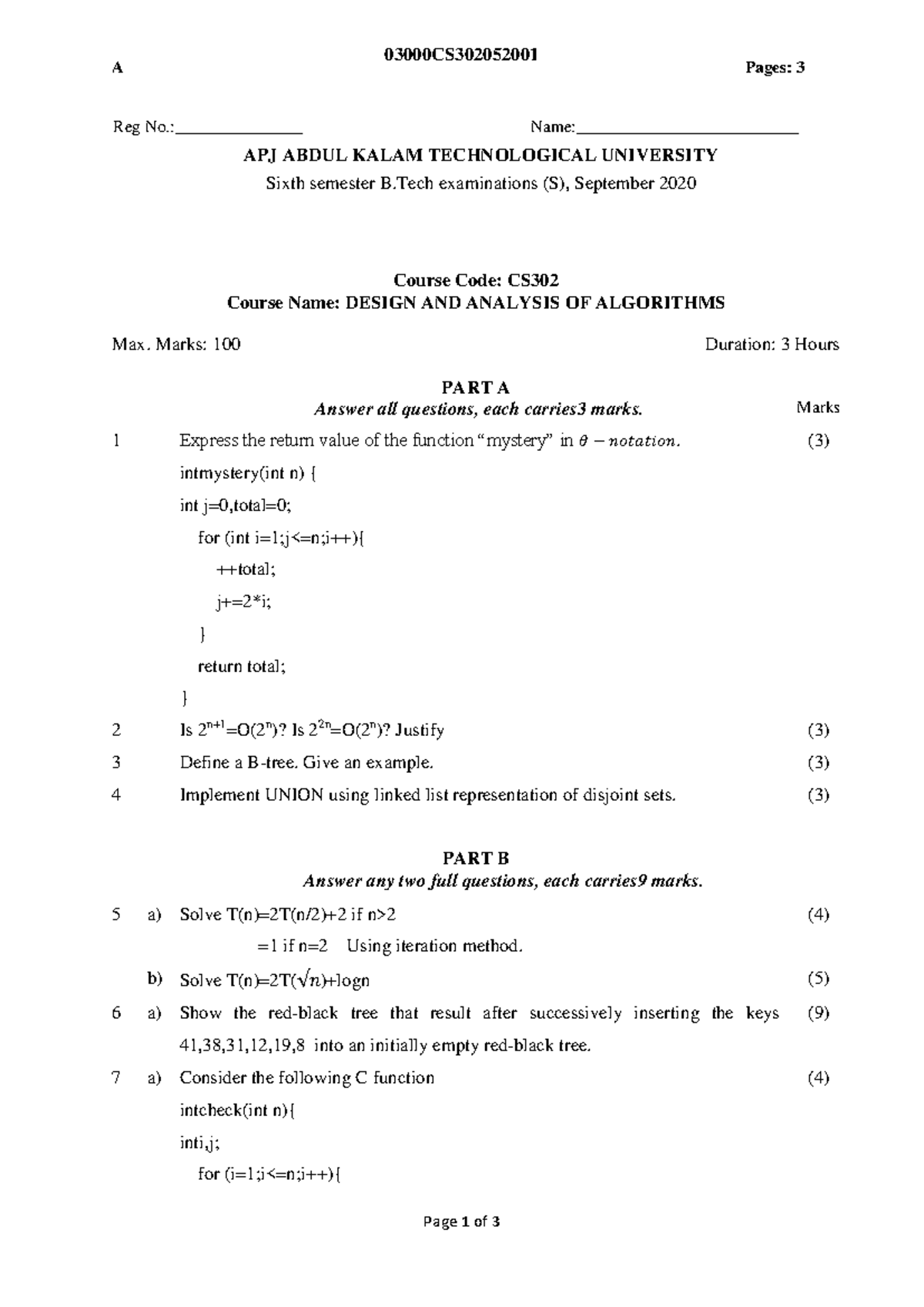 CS302 Final Exam QP - Design and Analysis of Algorithms, Sept 2020 ...
