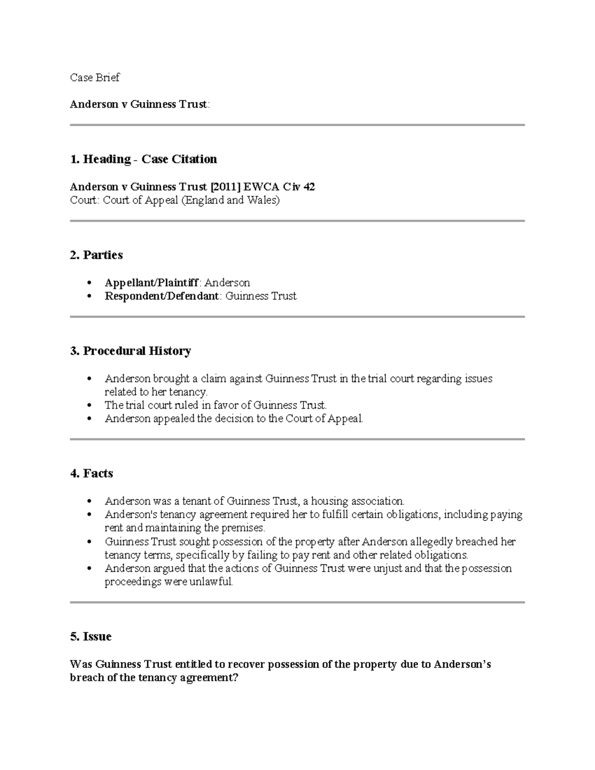 Case Brief Anderson v Guiness Trust - Heading - Case Citation Anderson ...