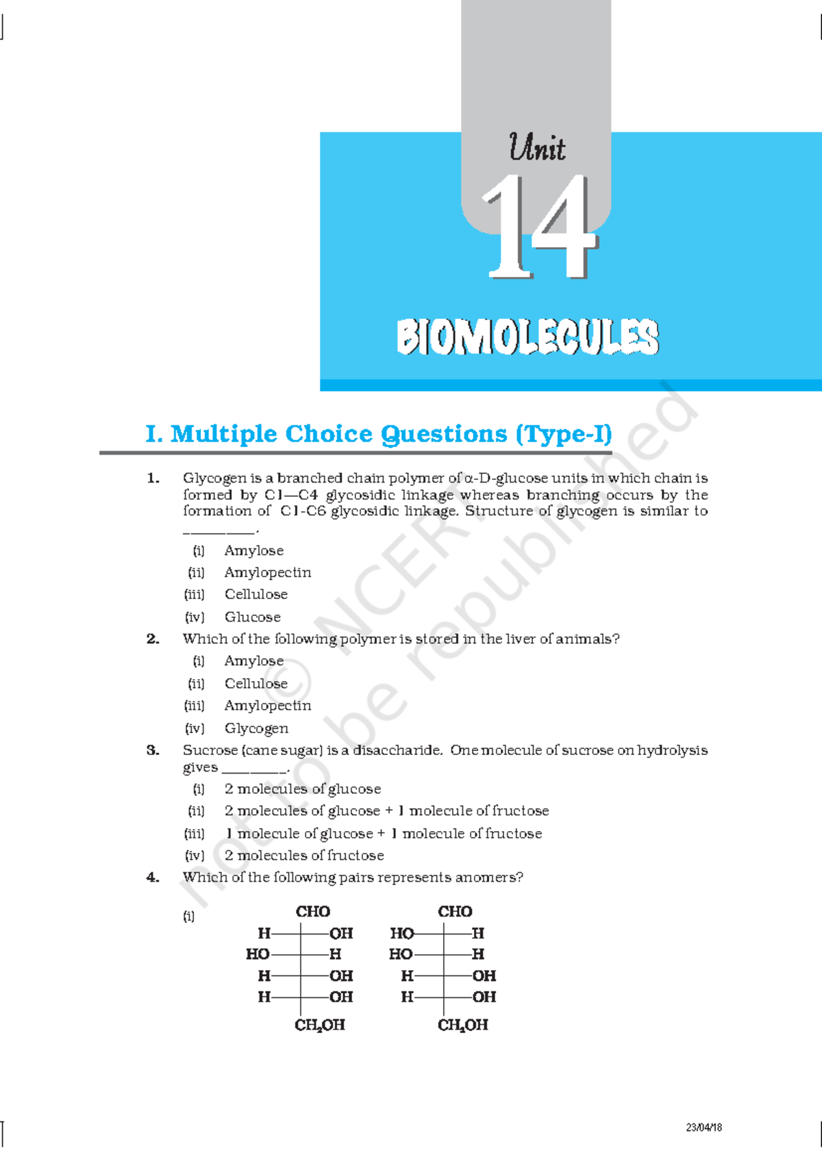 Unit 14: Biomolecules - MCQs and Short Answer Questions on Proteins ...