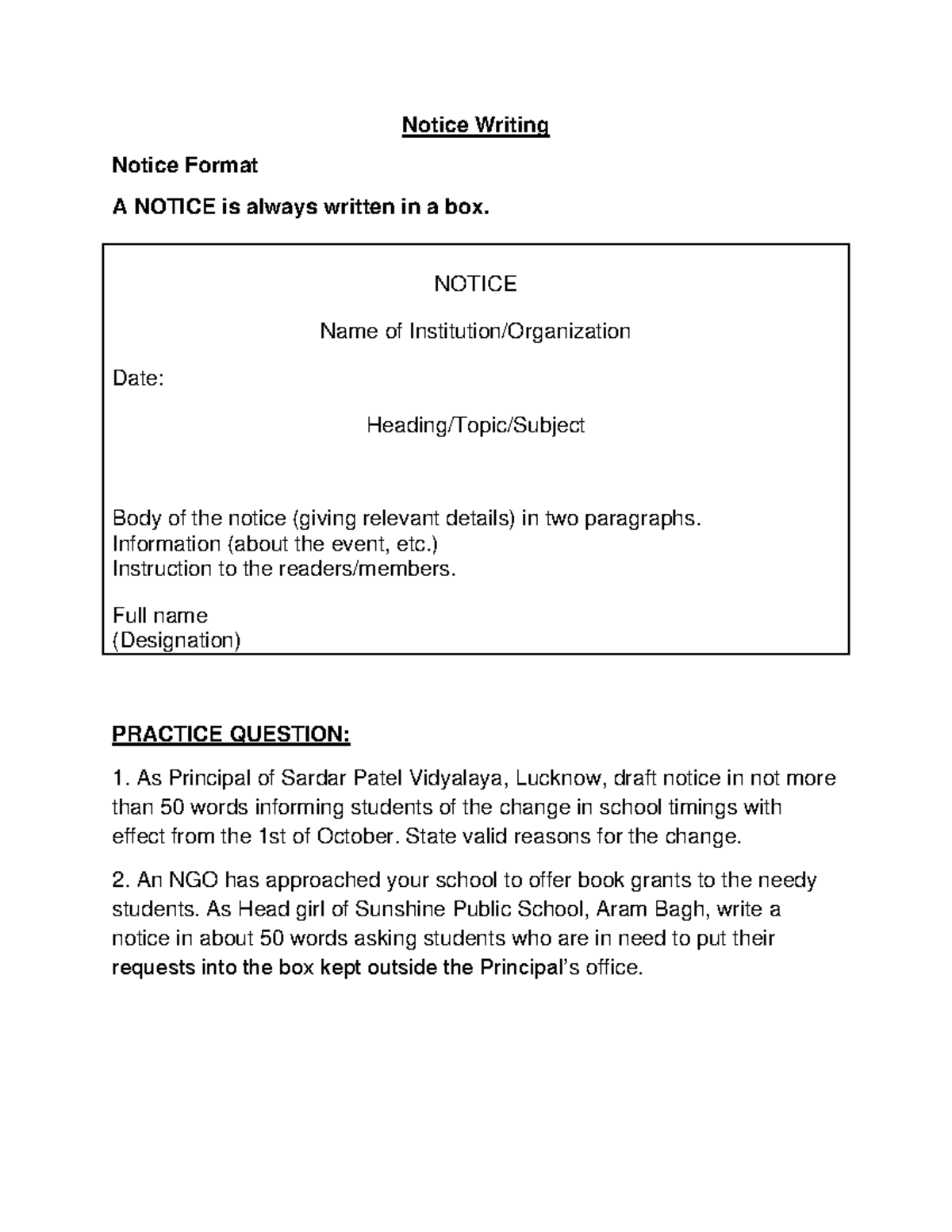 Notice Writing: Format & Practice Questions for Students - Studocu