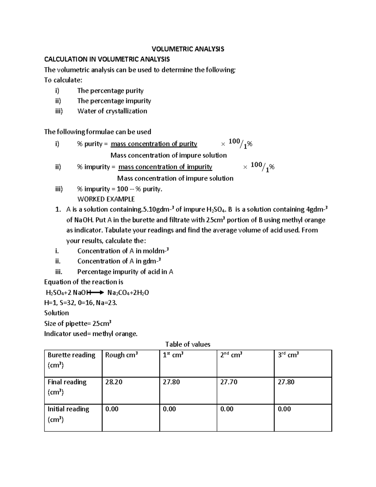 11590 SS 3 Chemistry Fourth NOTE - VOLUMETRIC ANALYSIS CALCULATION IN ...