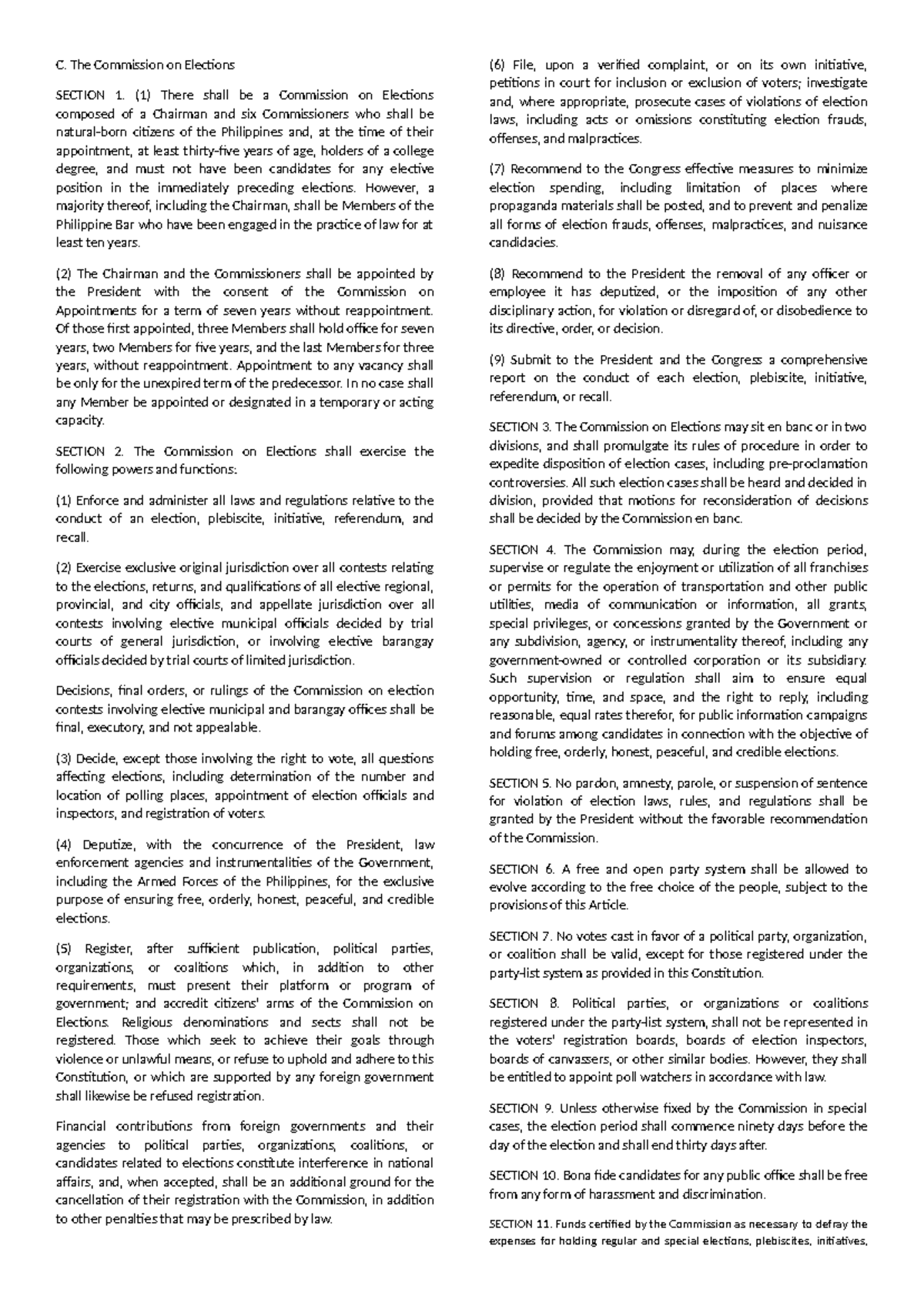 Article IX-C: Commission on Elections Overview and Functions - Studocu