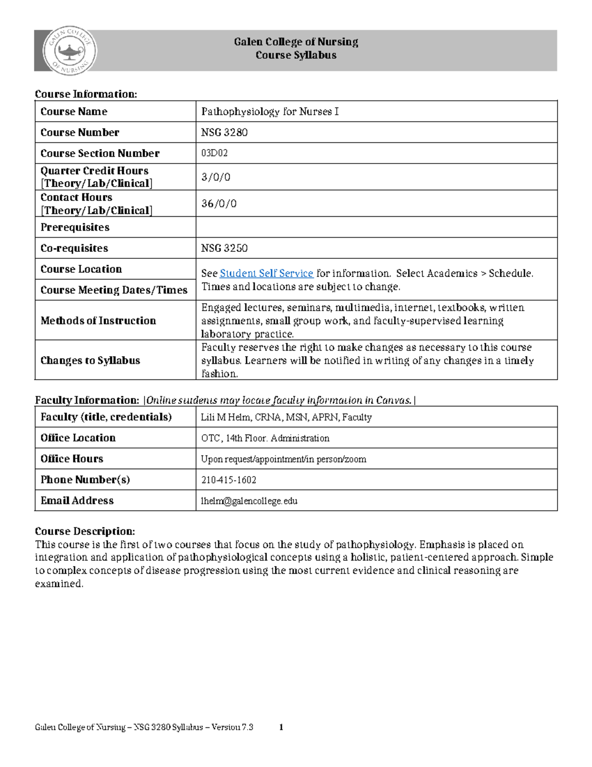 NSG 3280 Syllabus Version 7-3 03D02 Helm L SU24 - Galen College of ...