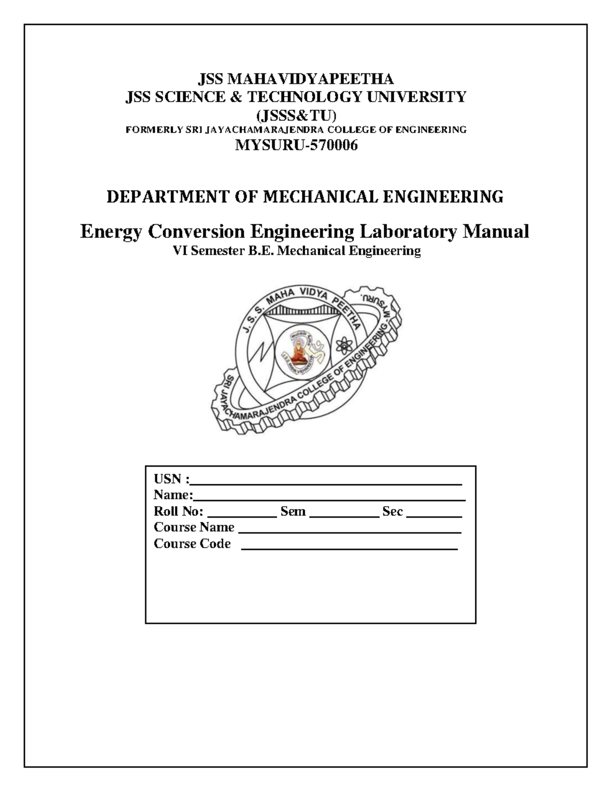 Energy Conversion Engineering Lab Manual ME58L - VI Sem B.E. Mechanical ...