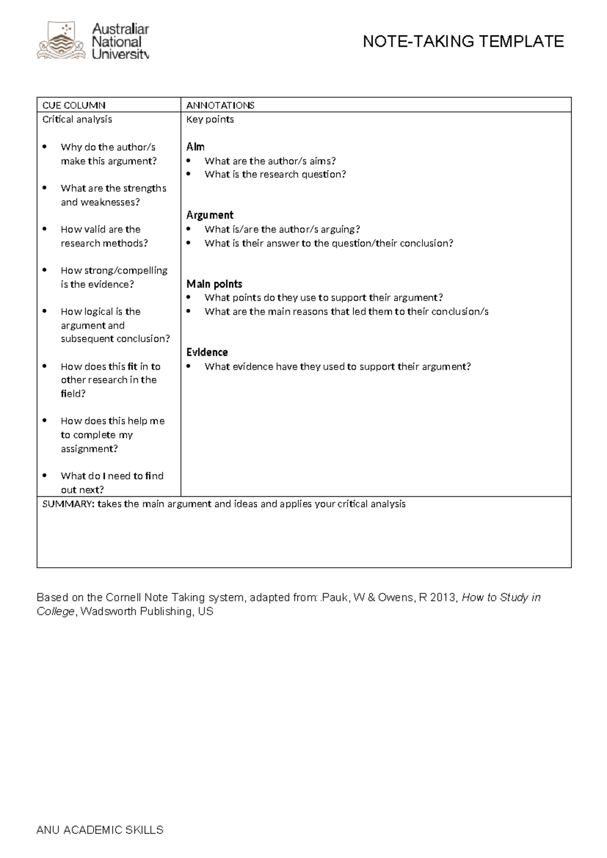 ANU Note-Taking Template: Critical Analysis & Summary Guide - Studocu