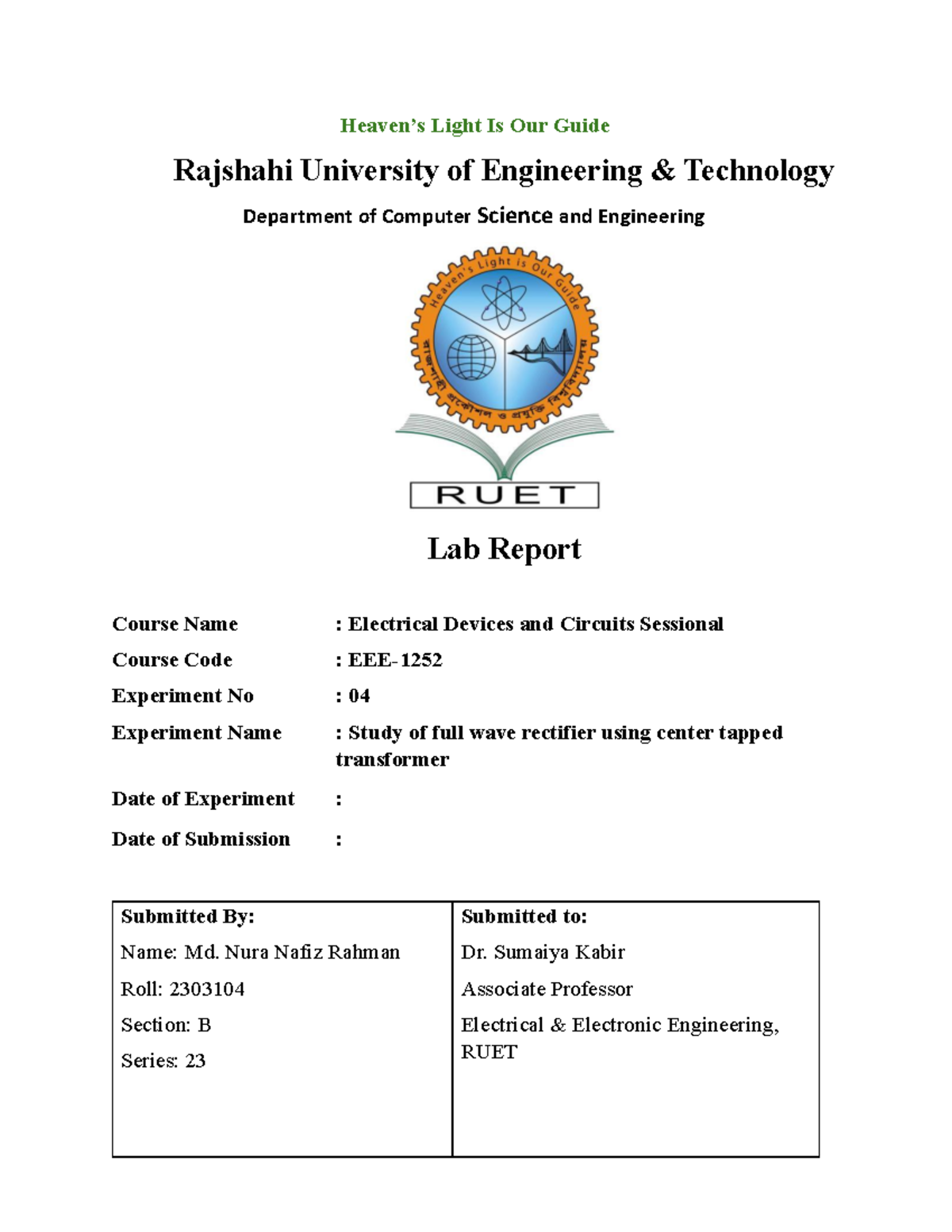 Lab Report: Electrical Devices & Circuits (Lab Experiments 04 & 05 ...