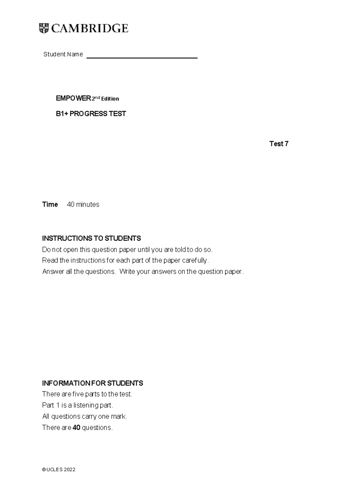 Empower 2nd Ed B1+ Progress Test 7 - Listening & Reading - Studocu