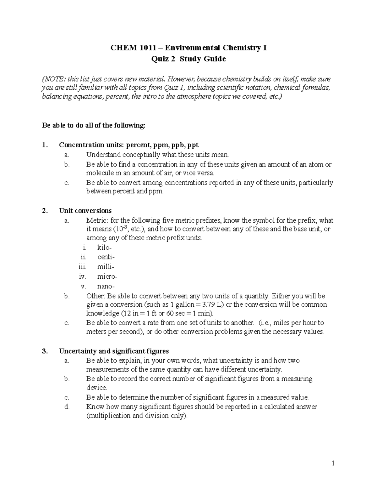 CHEM 1011 Quiz 2 Comprehensive Study Guide on Key Concepts - Studocu