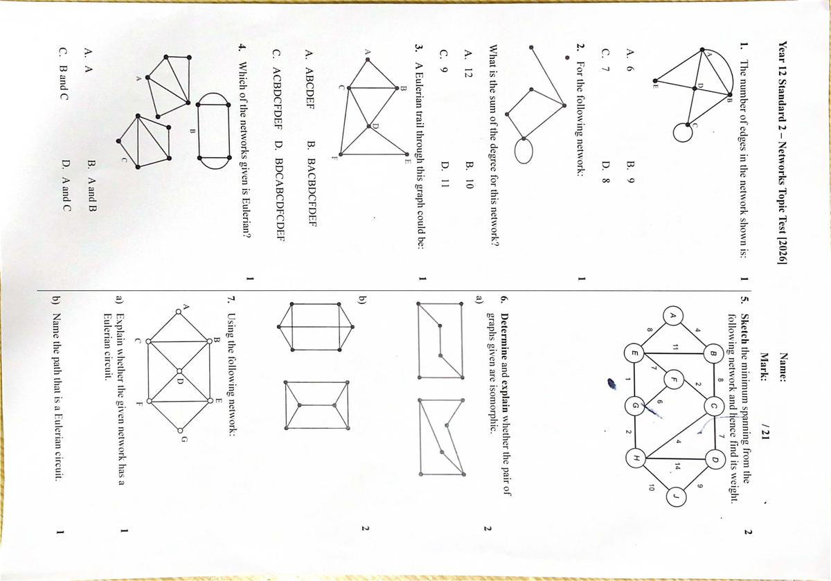 Year 12 Standard 2 Networks Topic Test 1 - Key Concepts and Solutions ...