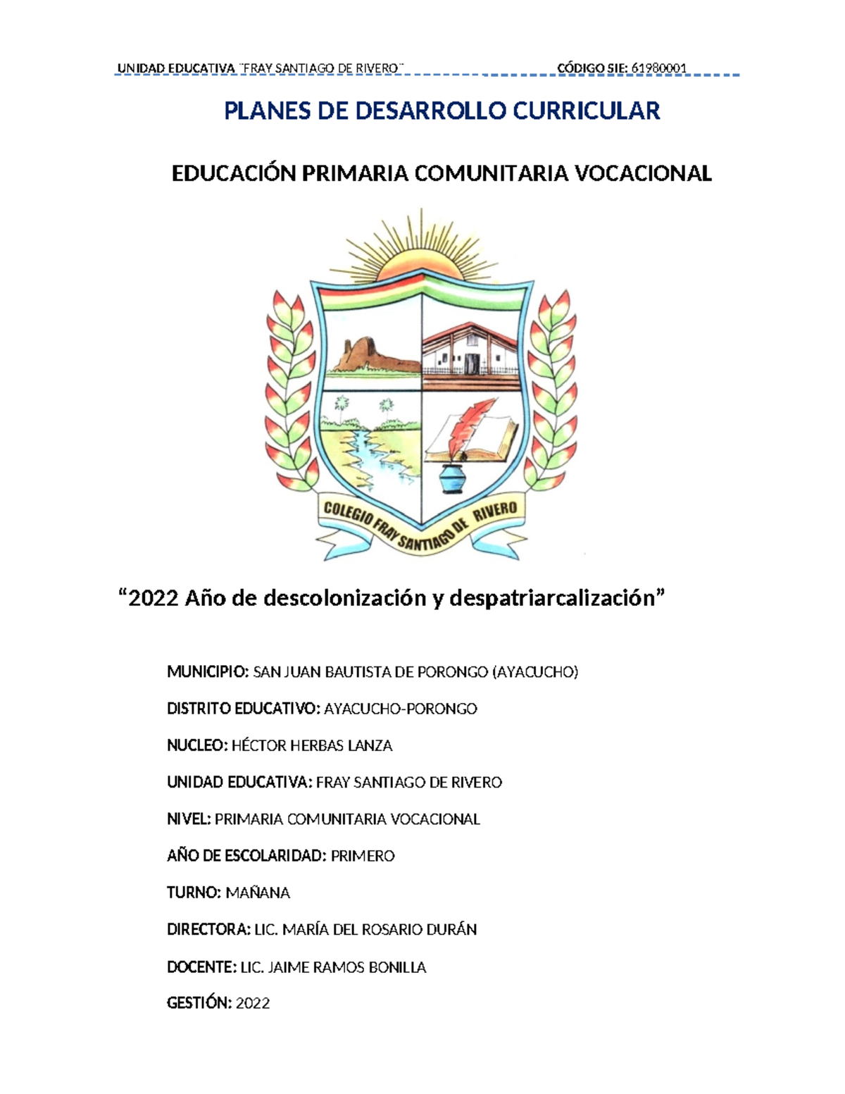 PDC 1RO Primaria 2022: Plan de Desarrollo Curricular Vocacional - Studocu