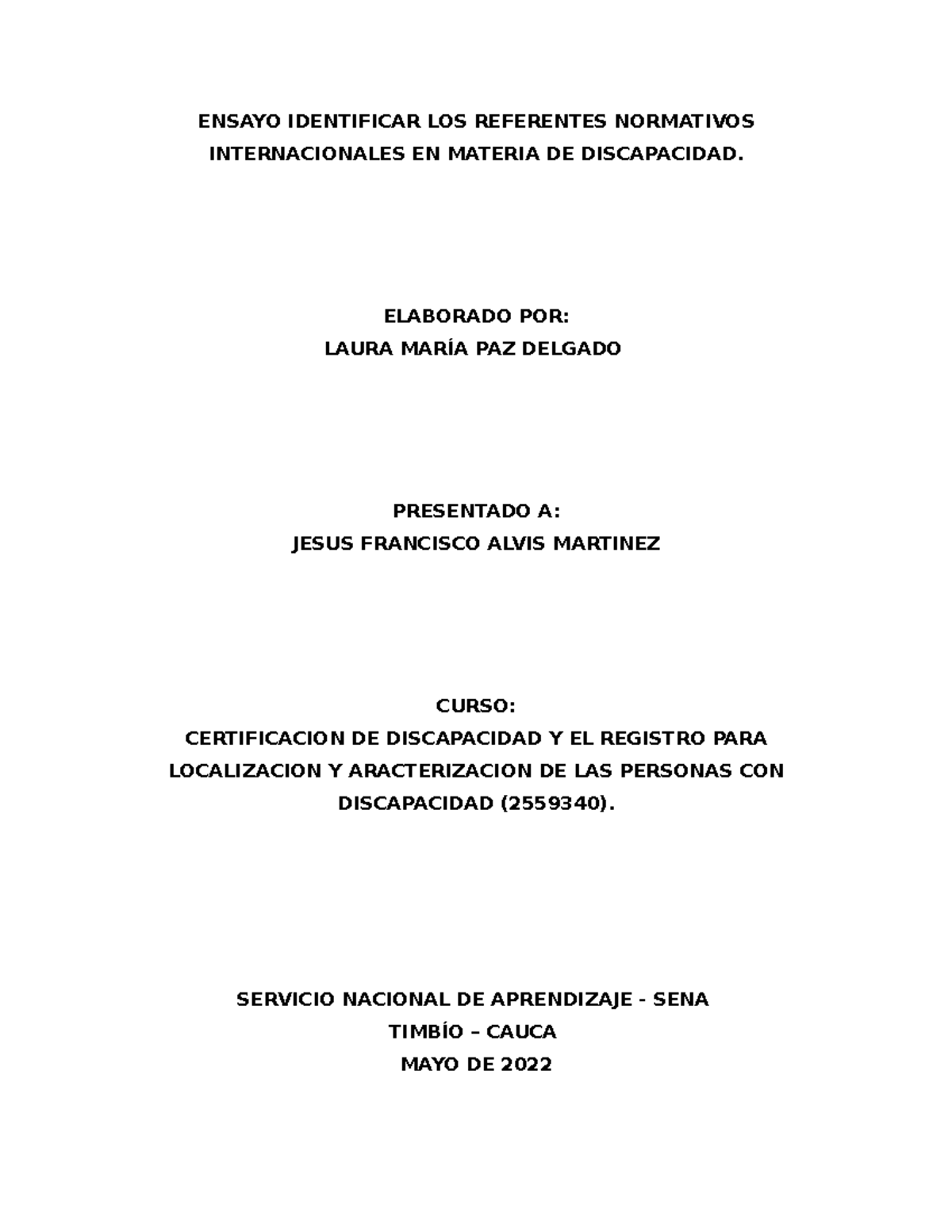 AA1 EV01 Ensayo: Referentes Normativos Internacionales sobre Discapacidad - Document Preview