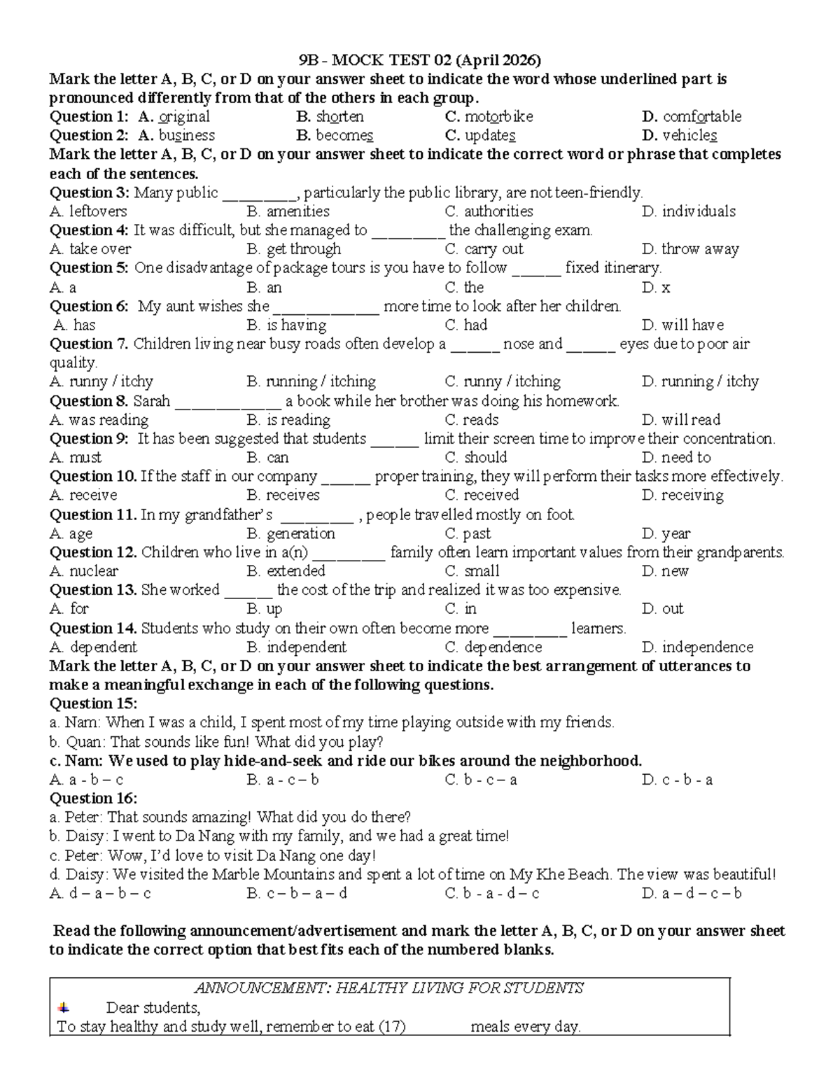 9B 0410 - Mock Test 02 Practice for 9th Grade Students - Studocu
