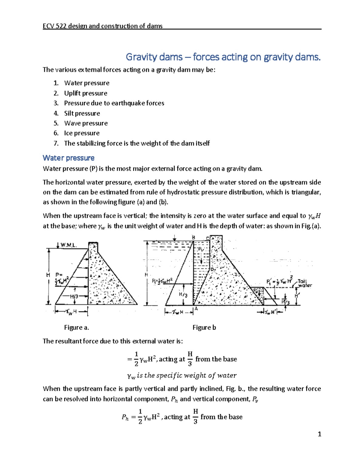 ECV 522 forces acting on dams - Gravity dams – forces acting on gravity ...