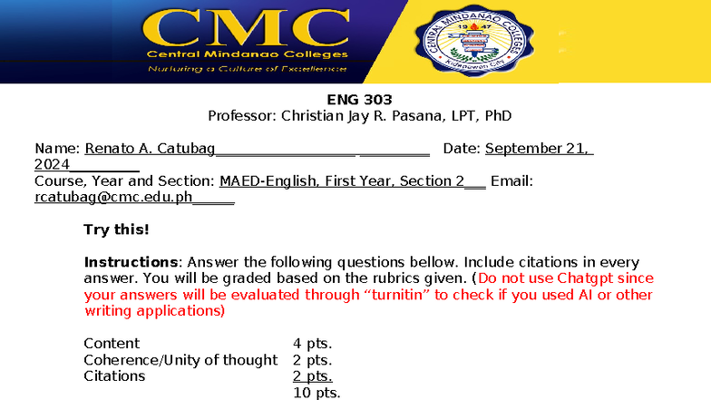 ENG 303 Activity Sheet 3: Analyzing Instructional Materials in English ...