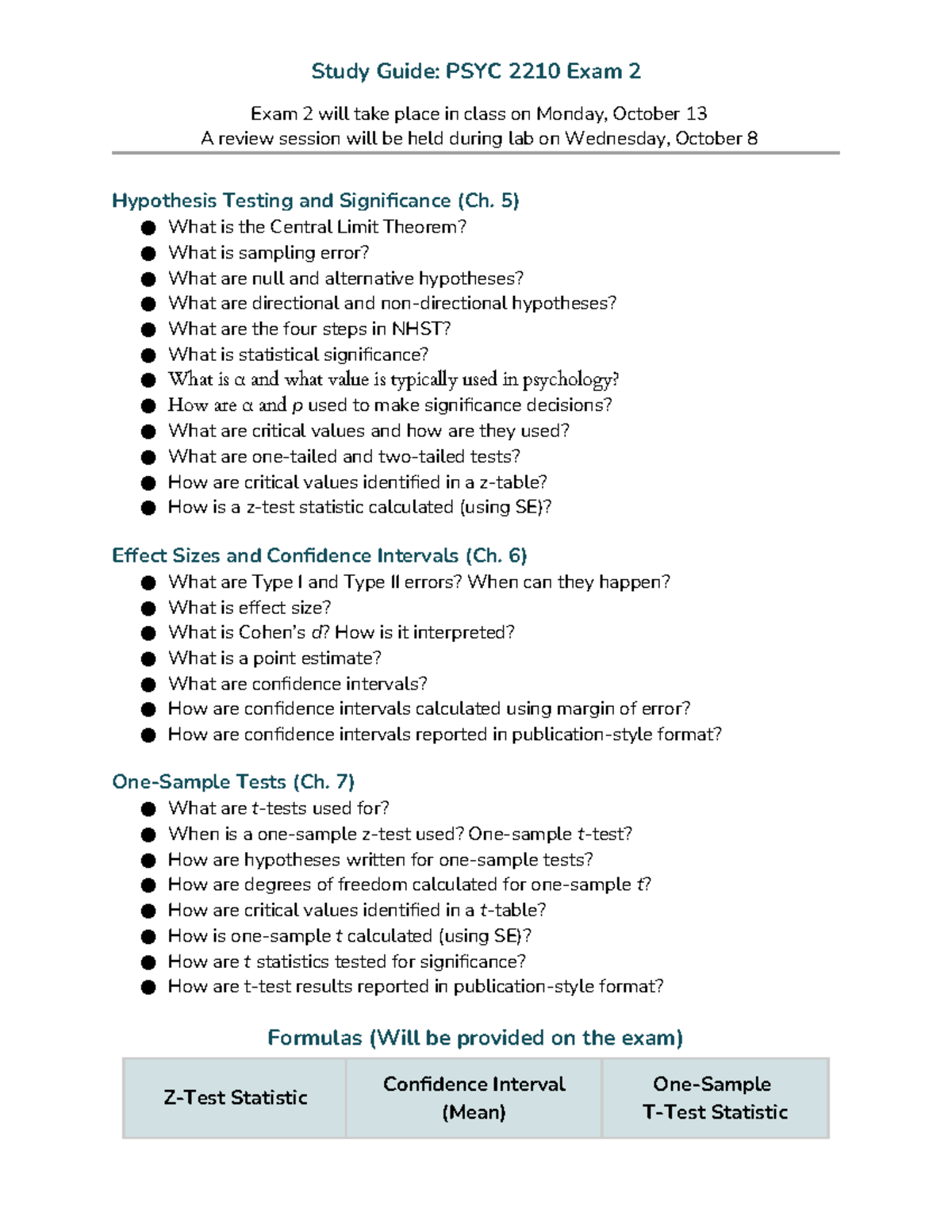 Study Guide for PSYC 2210: Exam 2 on Hypothesis Testing & Effect Sizes ...