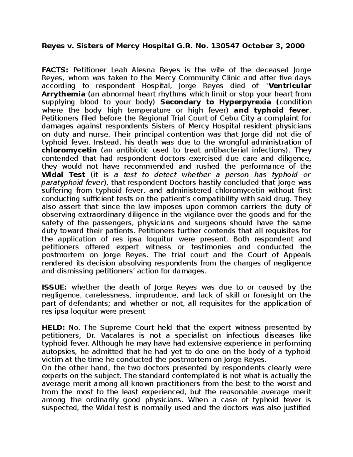 Reyes v Sisters of Mercy Hospital GR No. 130547 Case Study Analysis ...