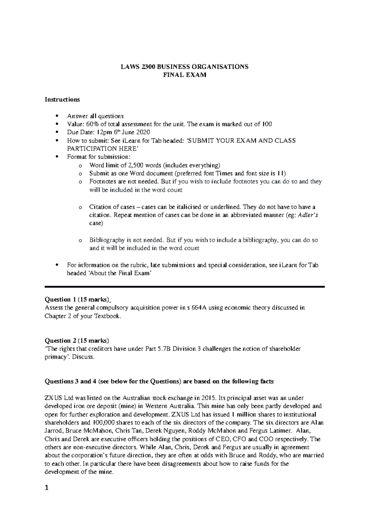 LAWS 2300 Final Take Home Exam Instructions & Questions 2020 S1 - Studocu