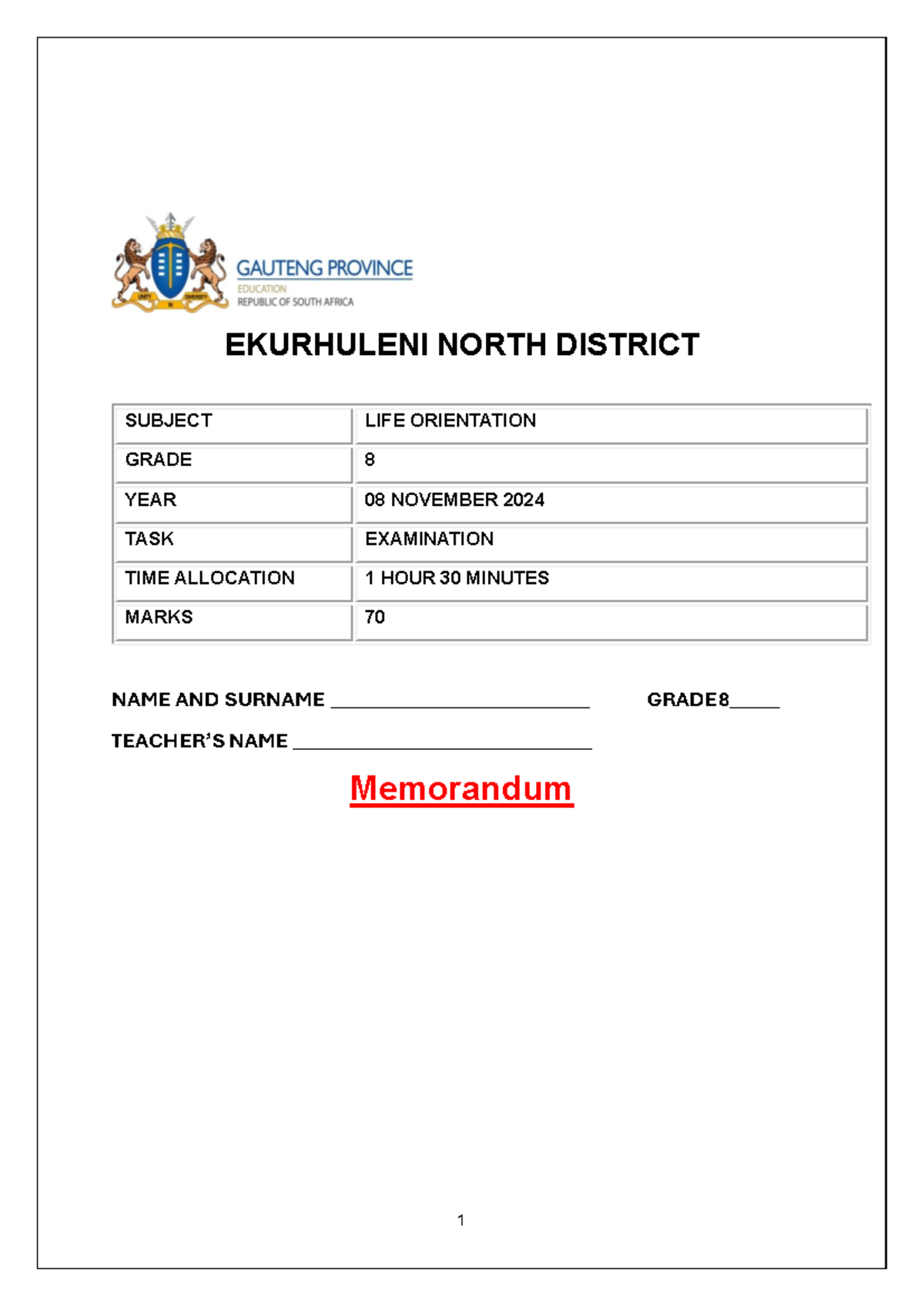 Grade 8 Life Orientation Exam Memo - November 2024 - Studocu