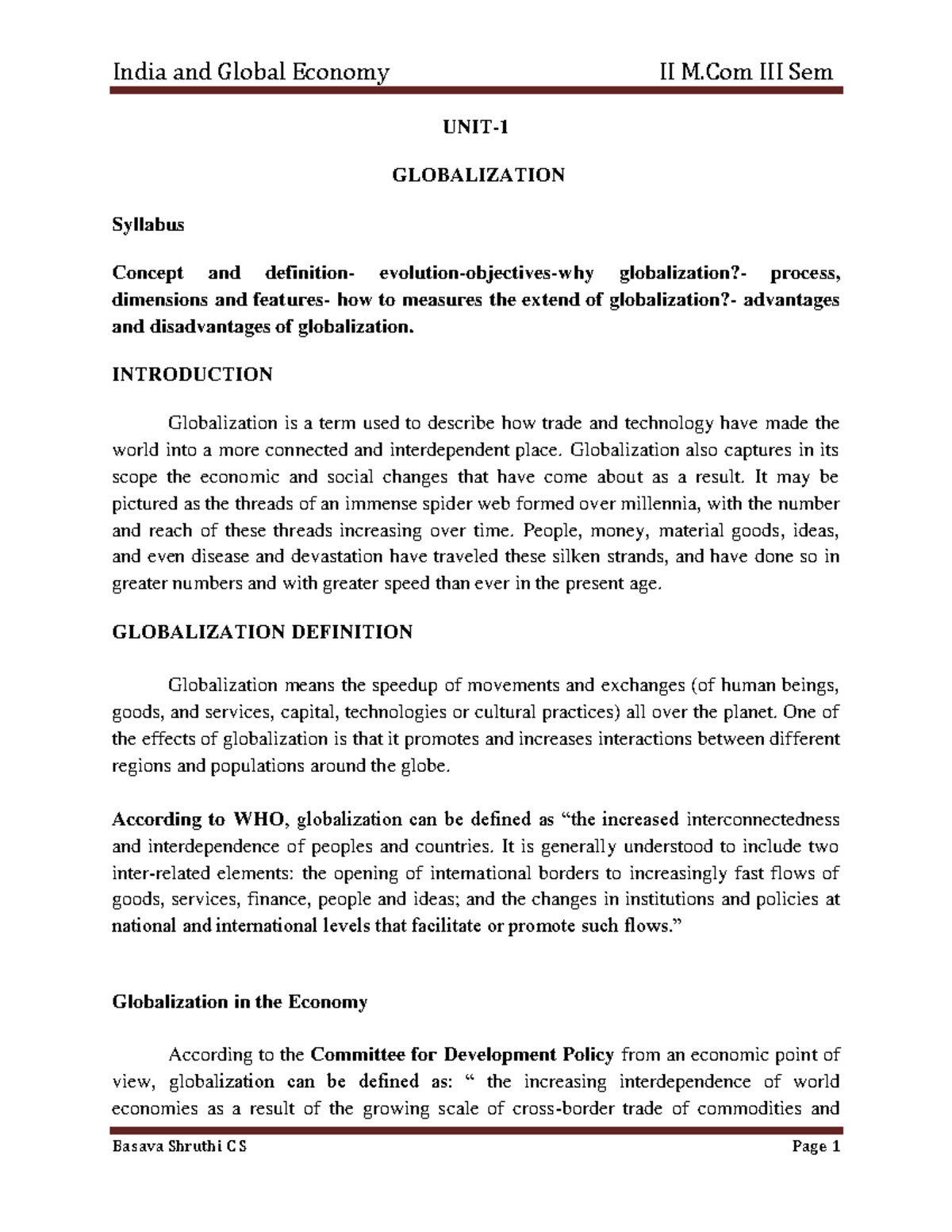 Unit-1: Concept & Impact of Globalization Overview - Studocu