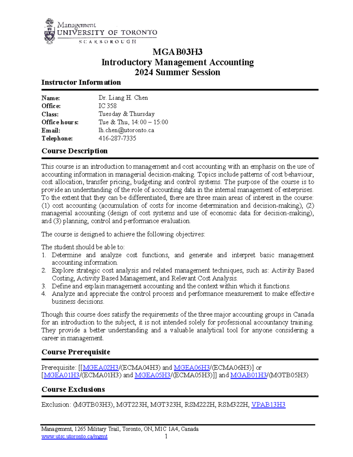 MGAB03H - Introductory Management Accounting Course Outline (2024 ...