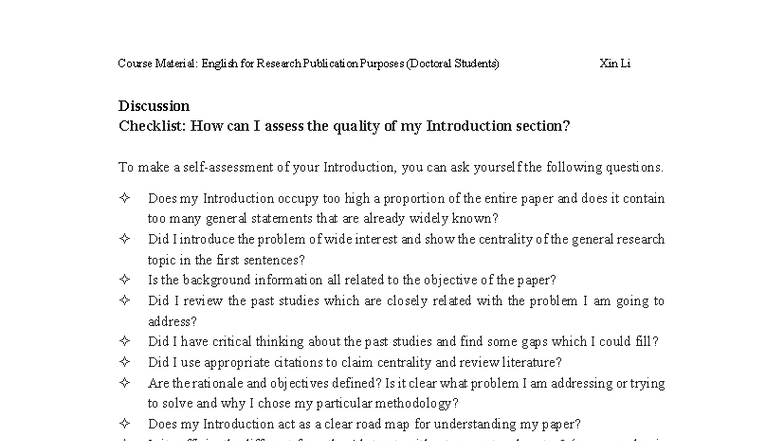 Checklist Introduction - Course Material: English for Research ...