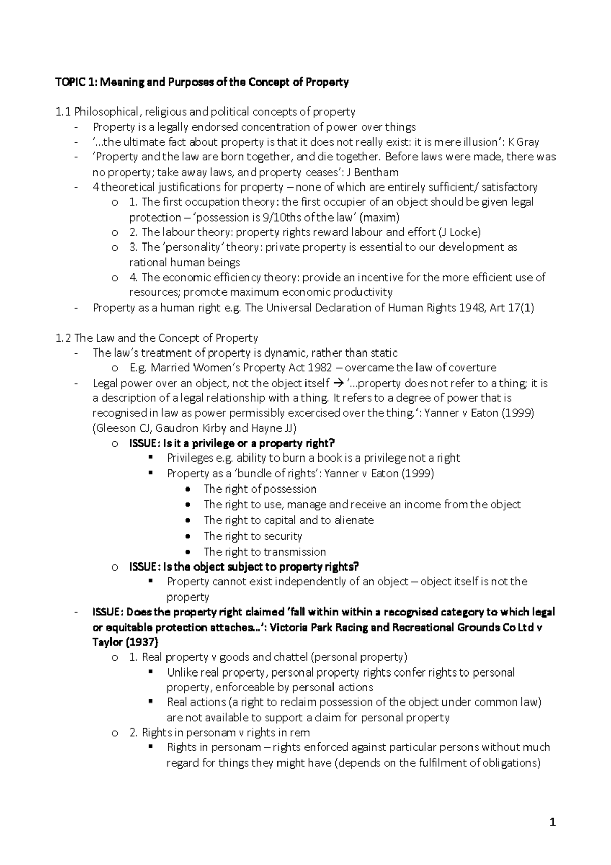 Property LAW A - Final Exam Notes on Concept and Nature of Property ...