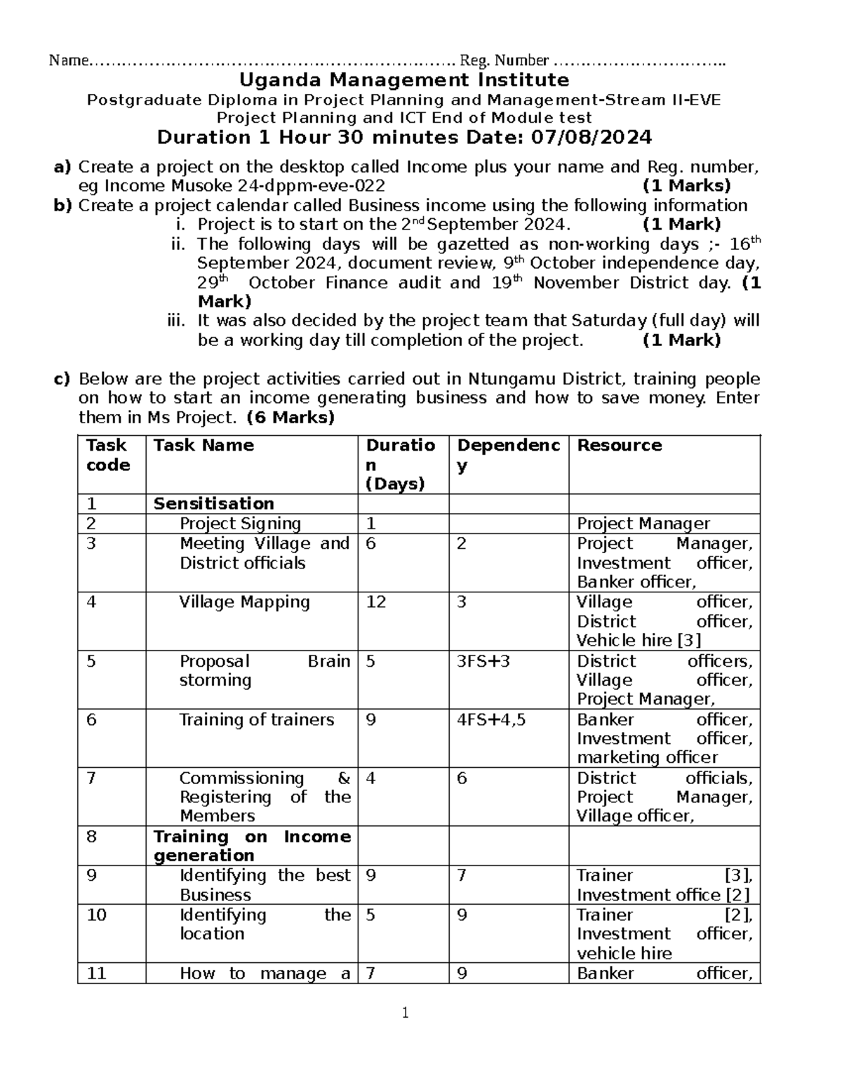 MS Project Test - Exercise for PG Diploma in Project Planning - Studocu