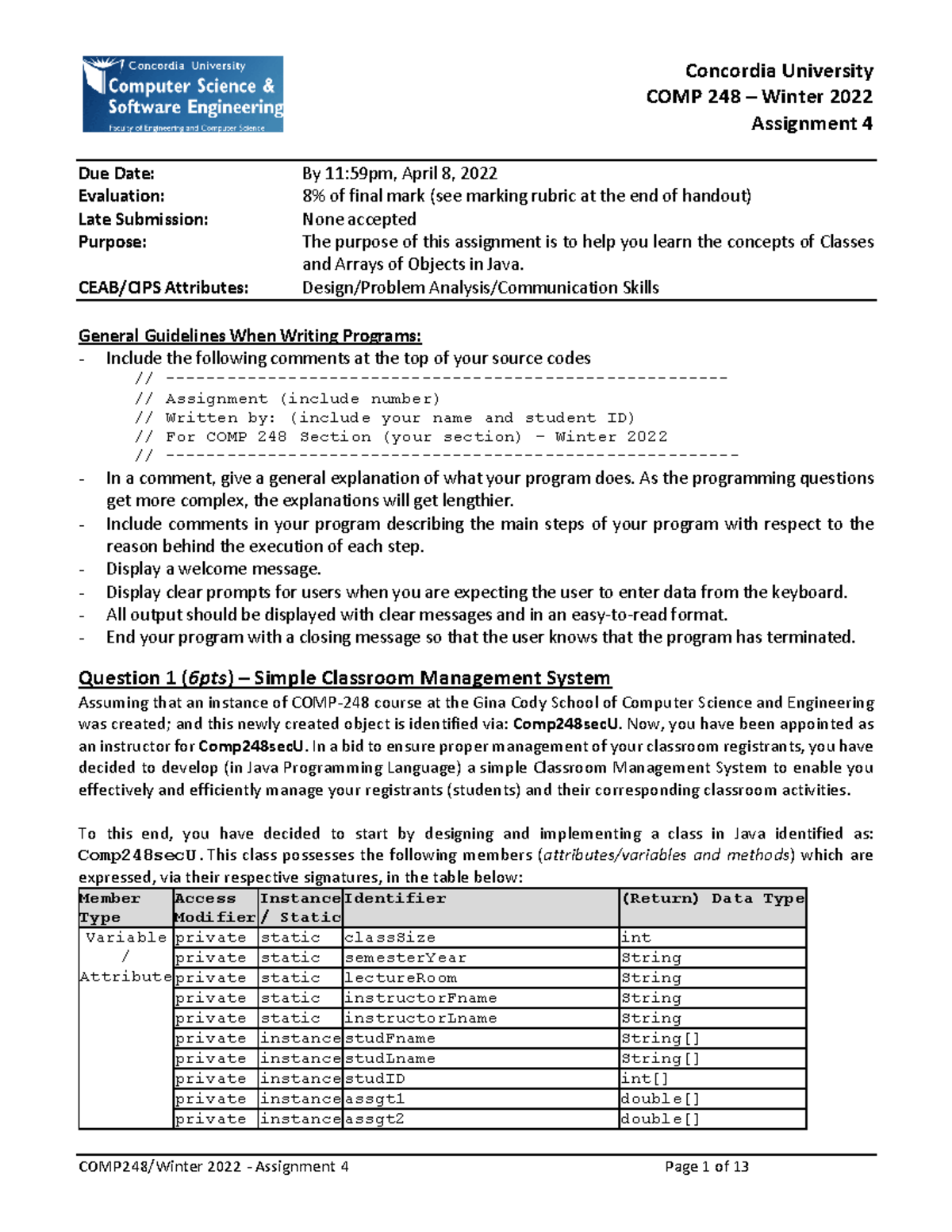 Comp 248 final 2022/2023 assignment object oriented programming - COMP ...