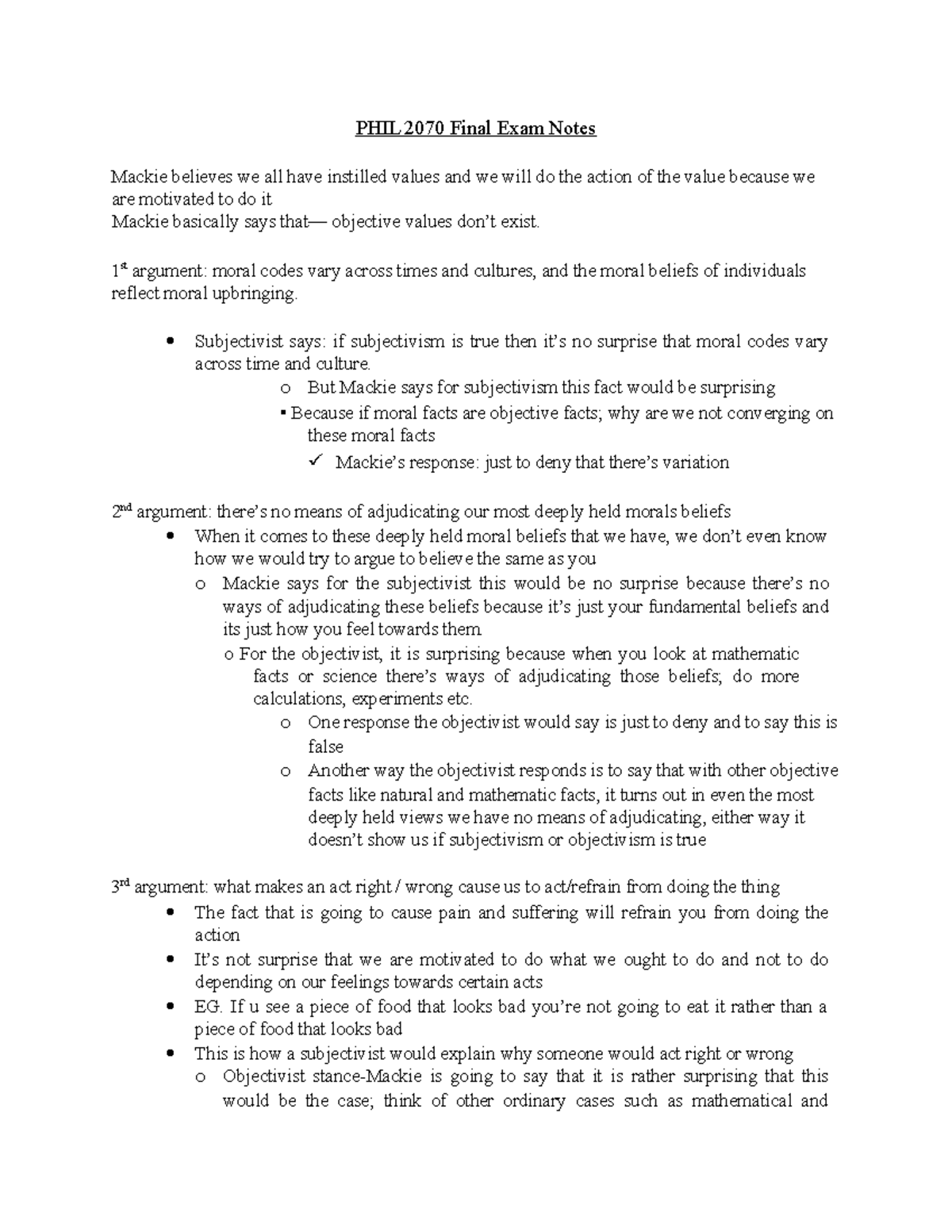 PHIL 2070 Final Exam Notes: Mackie's Arguments for Objectivism - Studocu