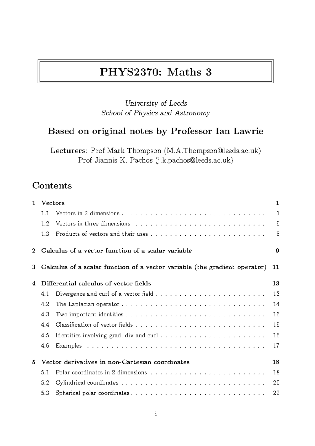 PHYS2370: Lecture Notes on Vectors and Calculus in Physics - Studocu
