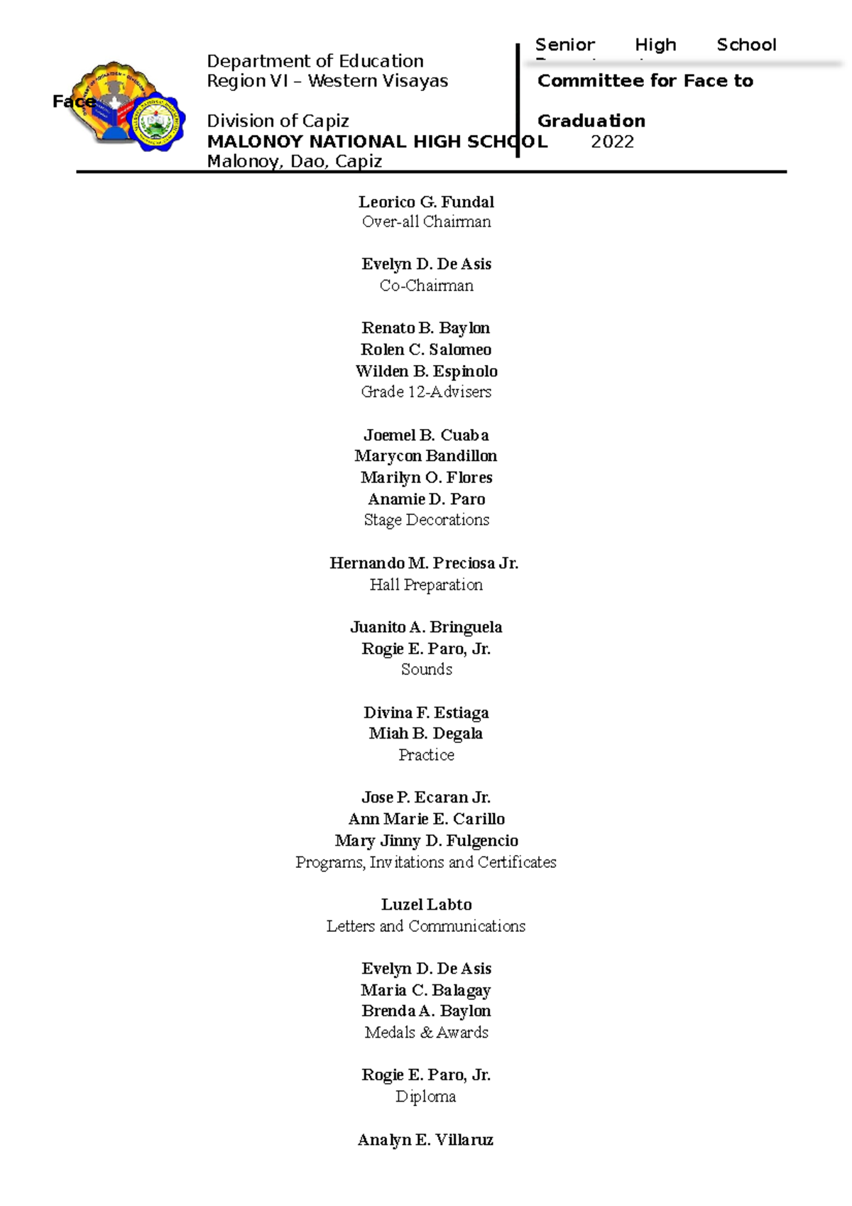 Committee for Graduation 2022 - Department of Education Region VI ...