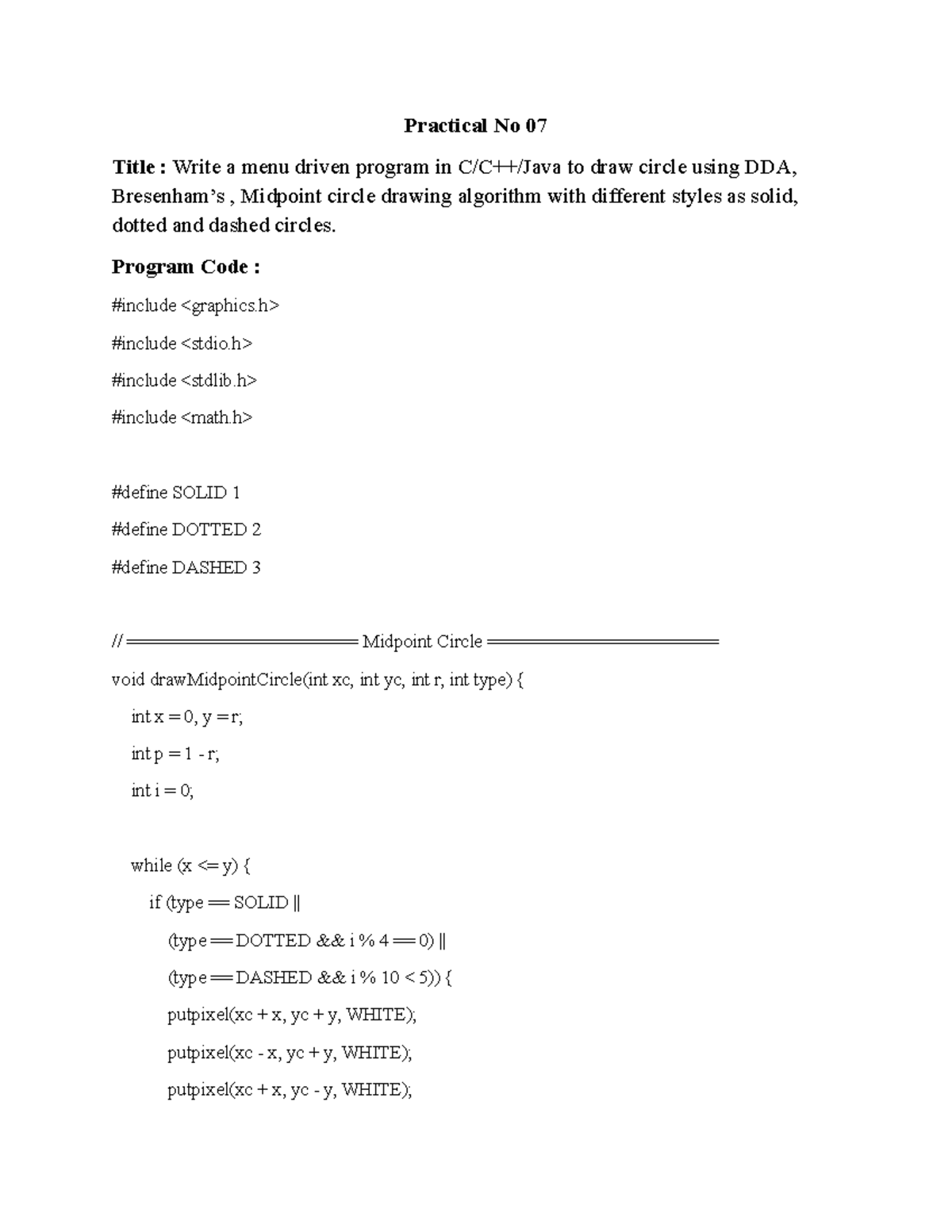 Practical No 07: Circle Drawing Algorithms in C/C++/Java - Studocu