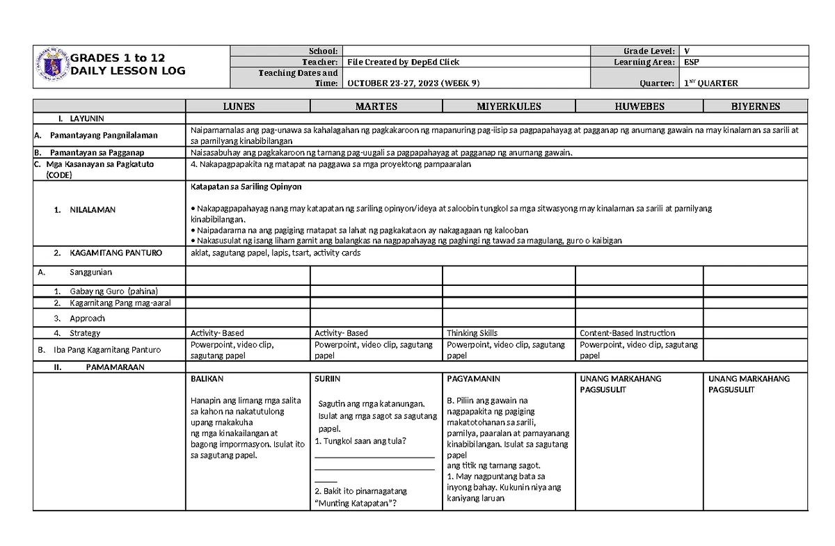 DLL ESP-5 Q1 W2-1 - LESSON PLAN - GRADES 1 to 12 DAILY LESSON LOG ...