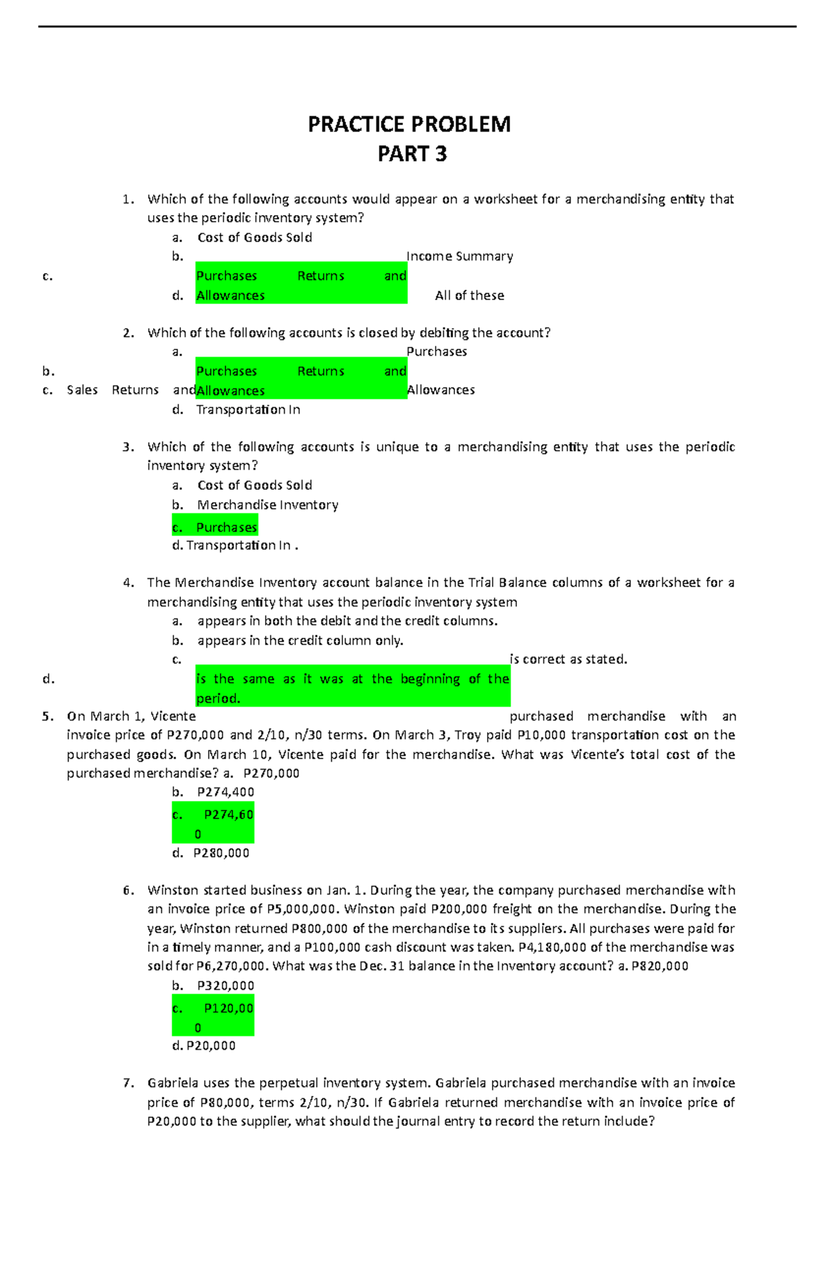 Practice Problem Set - Merchandising Entity Accounting (Part 3) - Studocu