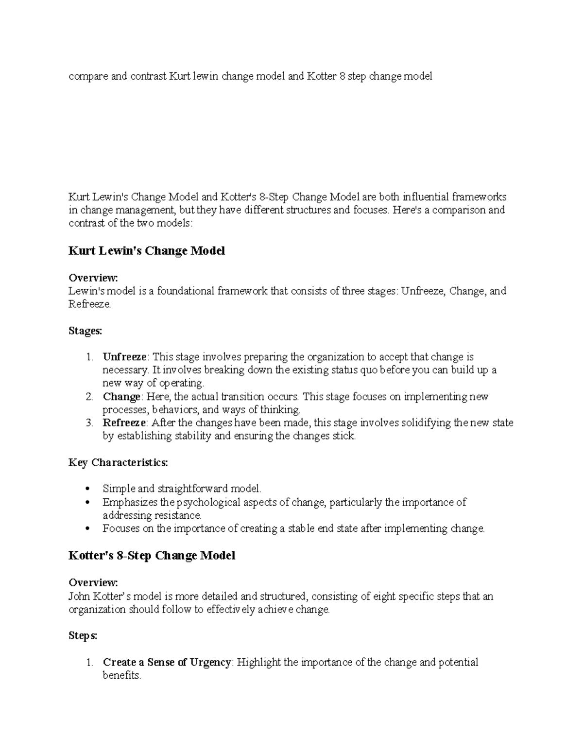 Comparative Analysis of Kurt Lewin's Change Model & Kotter's 8 Steps ...