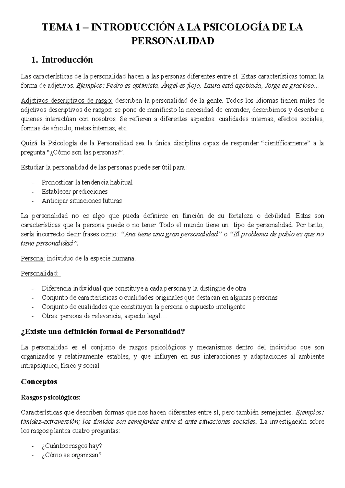 Tema 1 - Psicología de la Personalidad I - PSICOLOGÍA DE LA ...