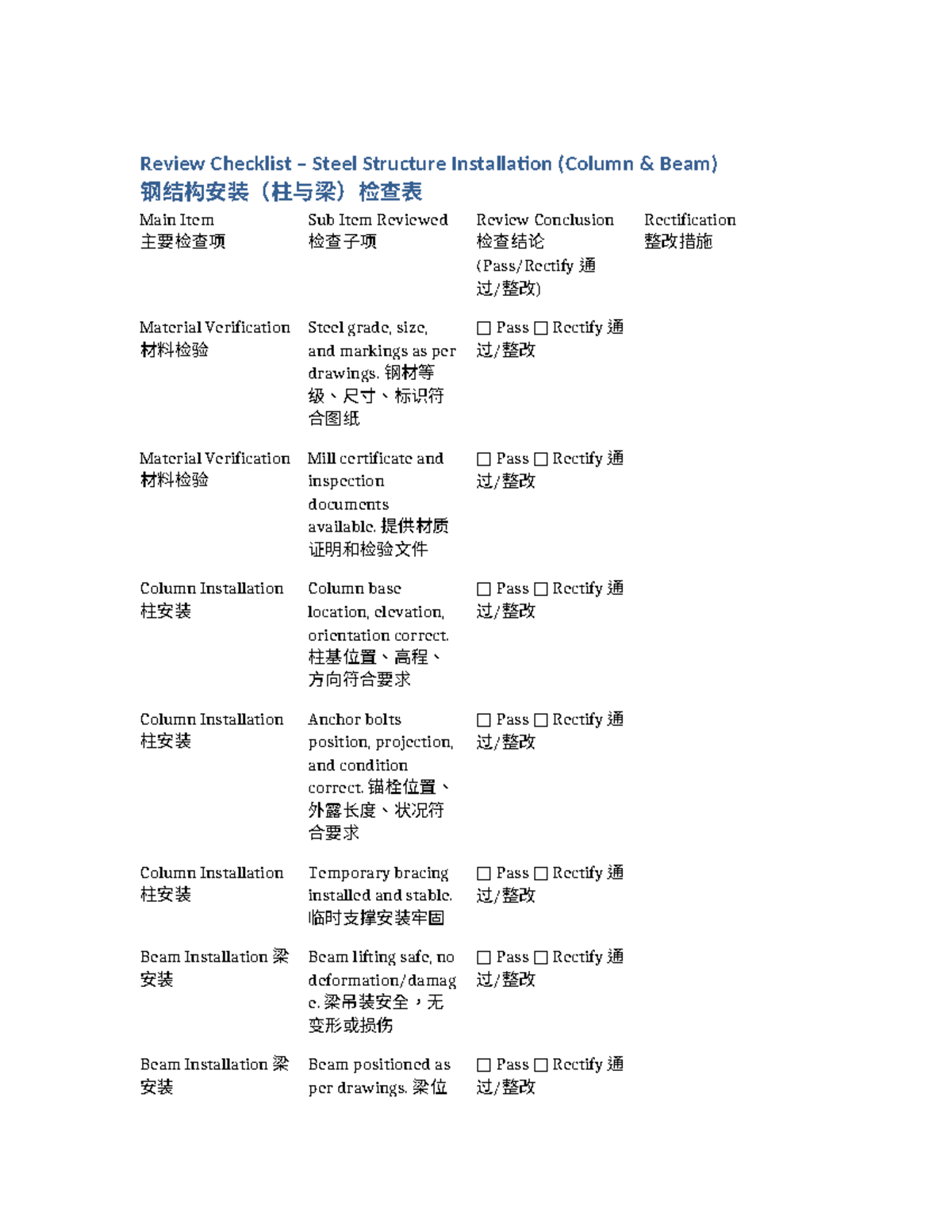 Steel Structure Installation Checklist (Column Beam) Bilingual - Studocu