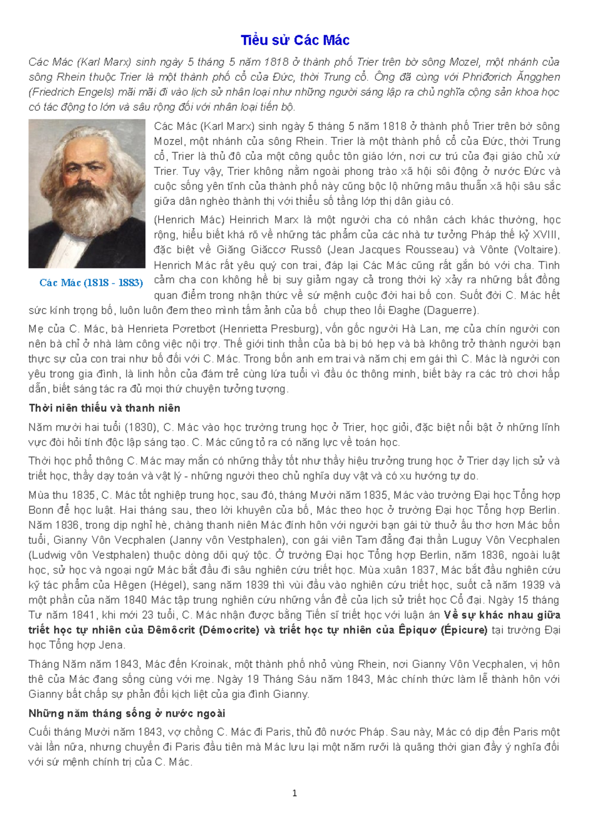 CÁC MÁC (KARL MARX) - Lecture notes 1 - Tiểu sử Các Mác Các Mác (Karl ...