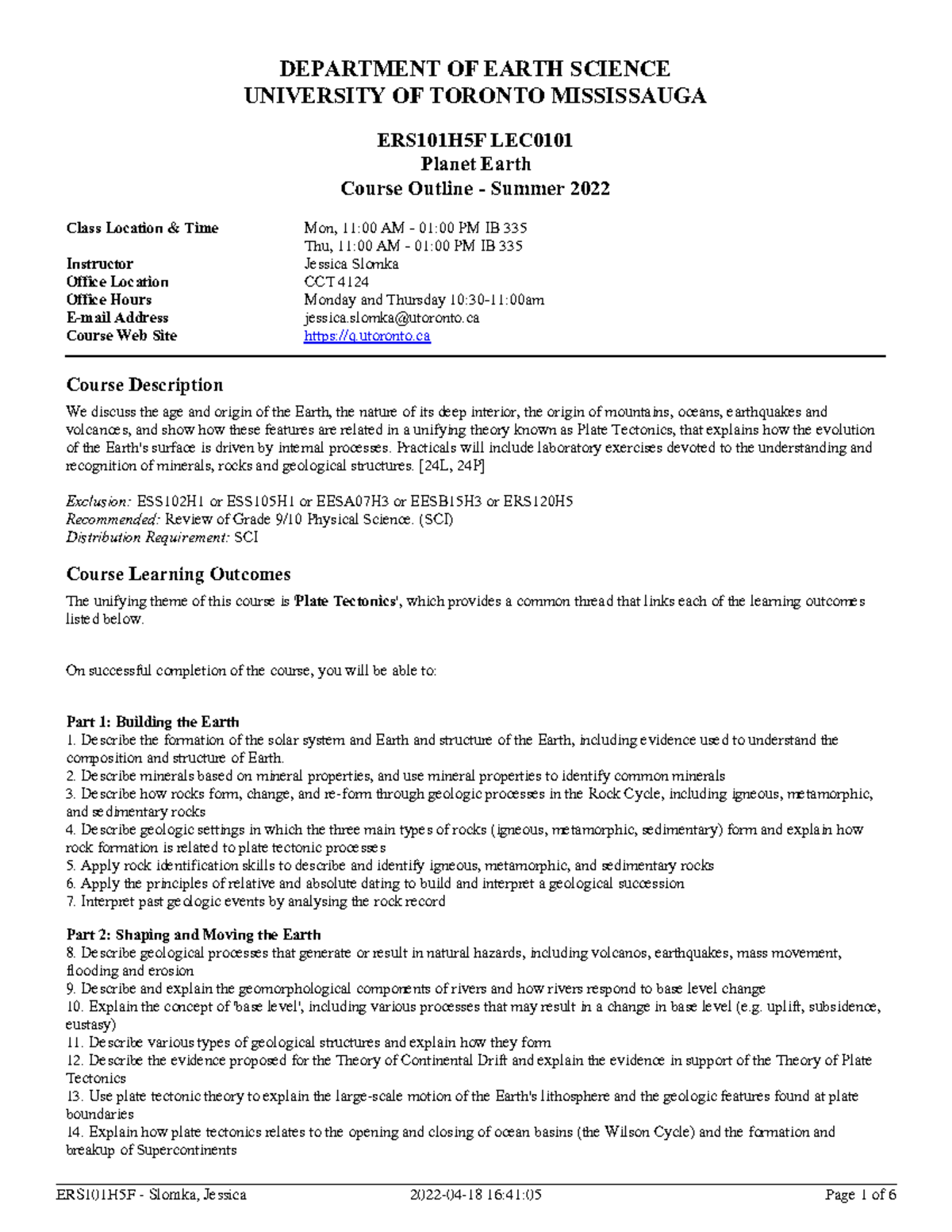 20225 ERS101 H5F LEC0101 Syllabus - DEPARTMENT OF EARTH SCIENCE ...
